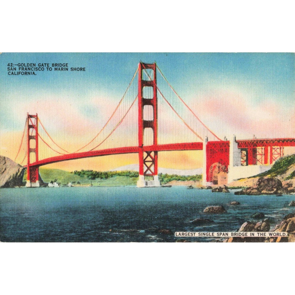 Vintage Golden Gate Bridge San Francisco to Marin Shore Linen Postcard 42 43687 - Picture 1 of 2